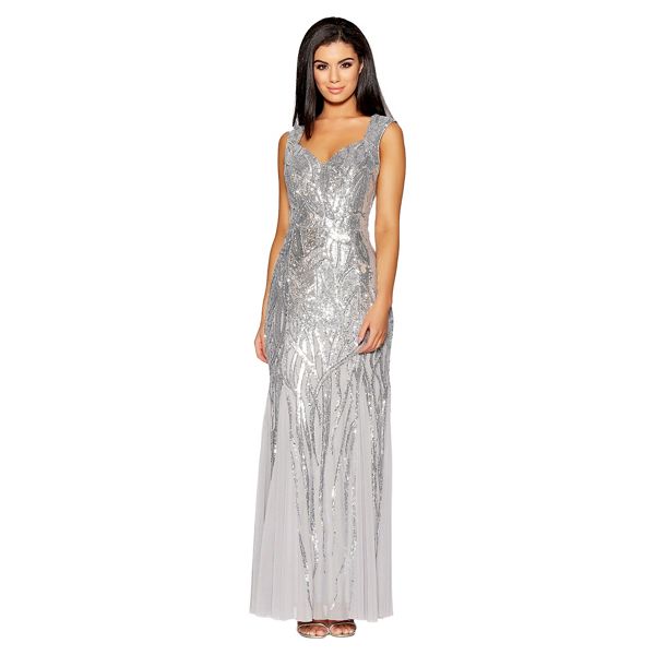Quiz Dresses - Silver sequin sweetheart fishtail maxi dress