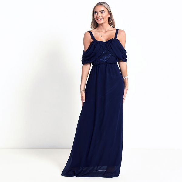 Sistaglam Dresses - Navy 'Belinda' cold shoulder maxi dress