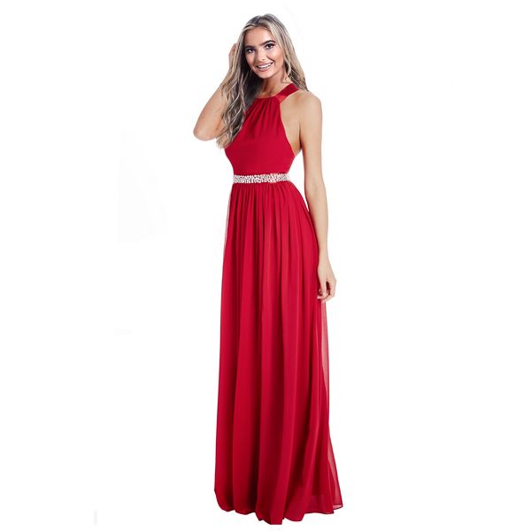 Sistaglam Dresses - Red 'Rosana' embellished waist high neck maxi dress