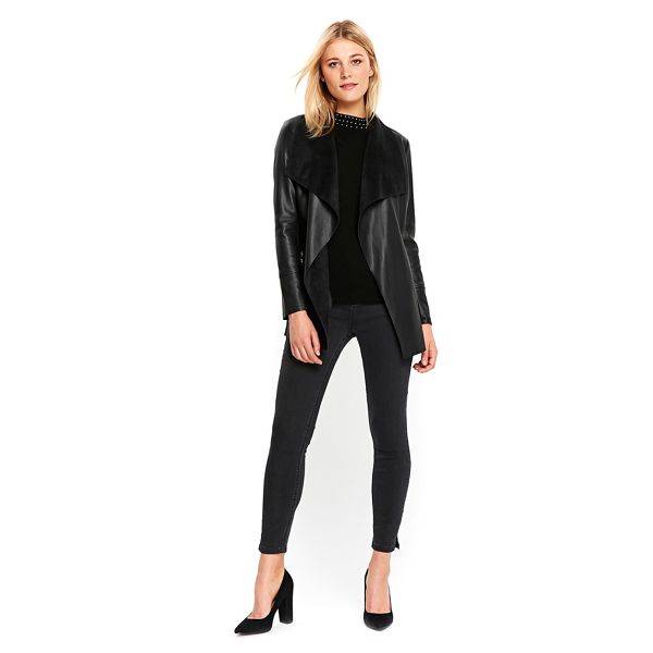 Timeless Wallis Black polyurethane longline waterfall jacket 36194_051217001