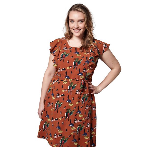 Yumi Curves Dresses - Orange bird and butterfly printed dress
