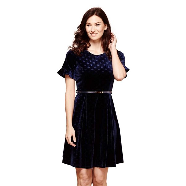 Yumi Dresses - Blue velvet ploka dot 'Hayley ' skater dress